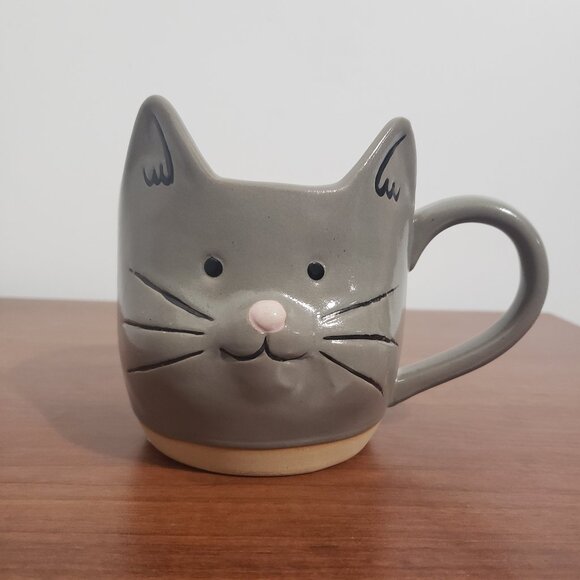 Kitty Cat Mug Novelty Handmade Tea Coffee Cup Collectable Plant Pot Grey - Picture 1 of 6